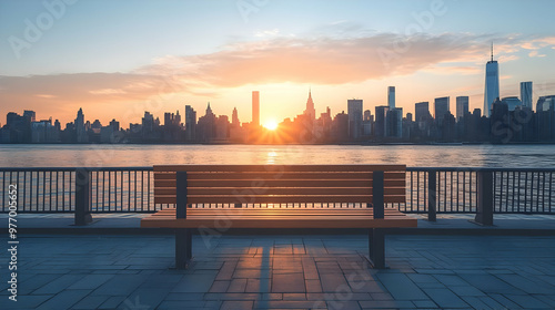 A wooden bench sits empty o...