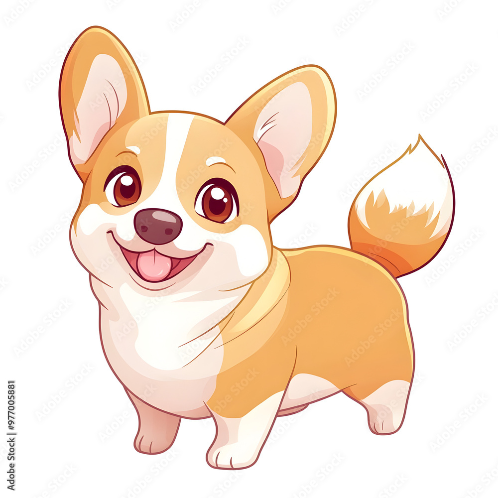 Playful Portrait of a Cheerful Corgi Puppy with Wagging Tail in Chibi Cartoon Style with Pastel Colors on Isolated White Background Playful Portrait of a Cheerful Corgi Puppy with Wagging Tail in Chibi Cartoon Style with Pastel Colors on Isolated White Background