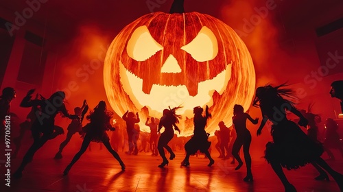 Spooky Halloween night: Dancers revel under the glow of a massive glowing pumpkin at the disco 