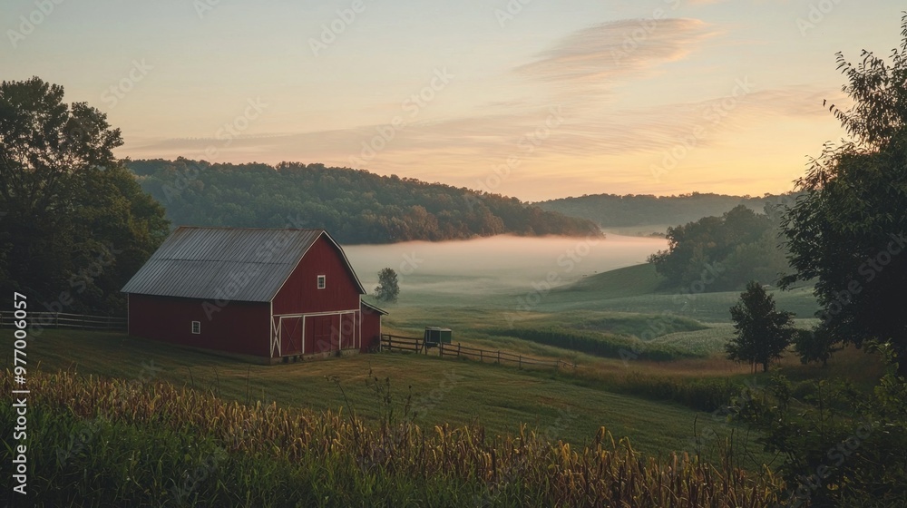 Tranquil Rural Barn at Misty Sunrise in Pastoral Countryside Landscape Tranquil Rural Barn at Misty Sunrise in Pastoral Countryside Landscape
