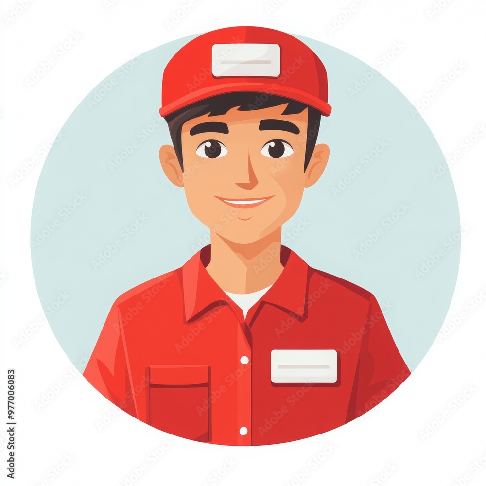 2d icon, flat icon, vector, illustration, cashier in a red cap and clothes with a white badge 2d icon, flat icon, vector, illustration, cashier in a red cap and clothes with a white badge