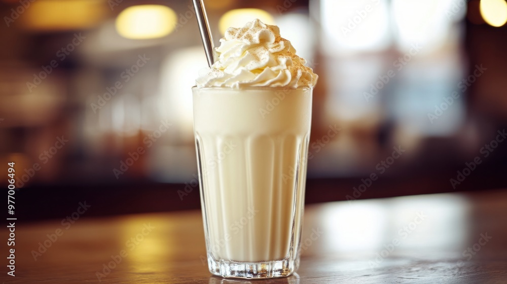 A creamy vanilla bean milkshake with whipped cream, served in a vintage-style glass with a straw. A creamy vanilla bean milkshake with whipped cream, served in a vintage-style glass with a straw.