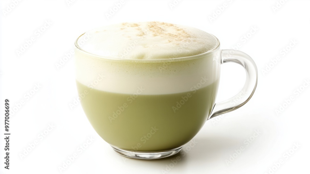 A cup of vanilla green tea latte with a frothy top, presented on a clean white background. A cup of vanilla green tea latte with a frothy top, presented on a clean white background.