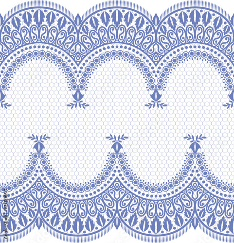 A decorative lace pattern featuring intricate designs and a repeating scalloped motif in blue tones.