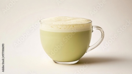 A cup of vanilla green tea latte with a frothy top, presented on a clean white background.