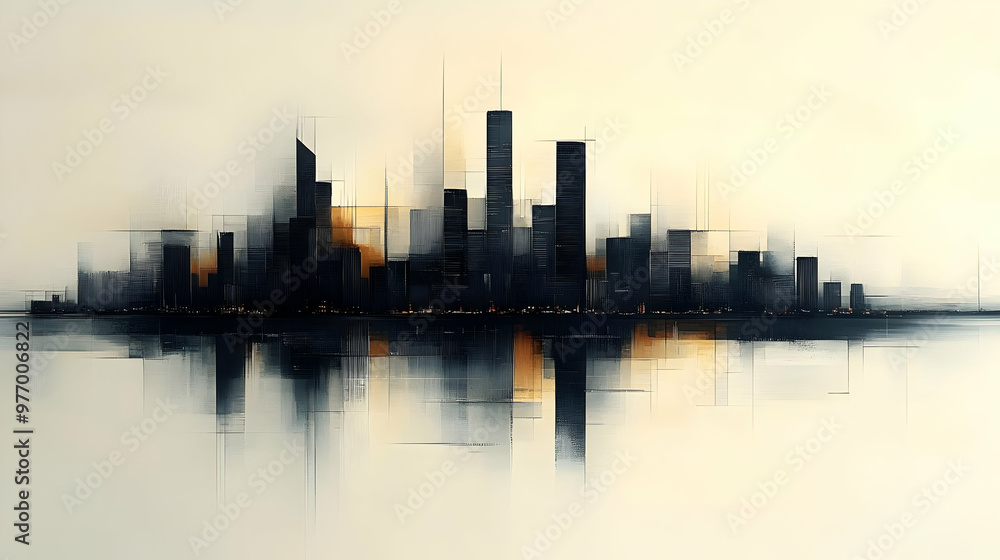 Abstract painting of a city skyline with reflections in the water. Abstract painting of a city skyline with reflections in the water.