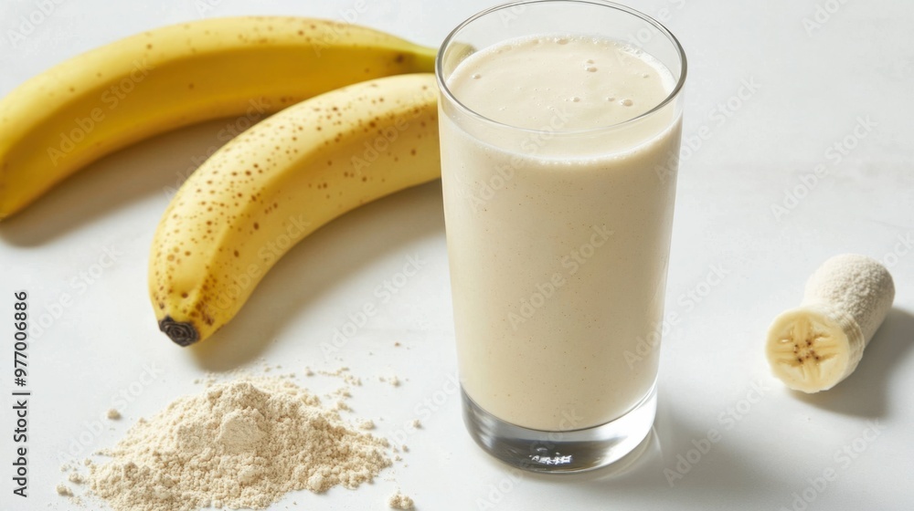 A glass of vanilla protein shake next to a banana and a scoop of protein powder on a white surface. A glass of vanilla protein shake next to a banana and a scoop of protein powder on a white surface.