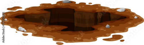 Pit in ground or burrow and dirty deep hole in soil, cartoon vector icon. Underground manhole or deep dig burrow in ground, dirty hollow or pit hole from groundhog or mole and muddy crack chasm