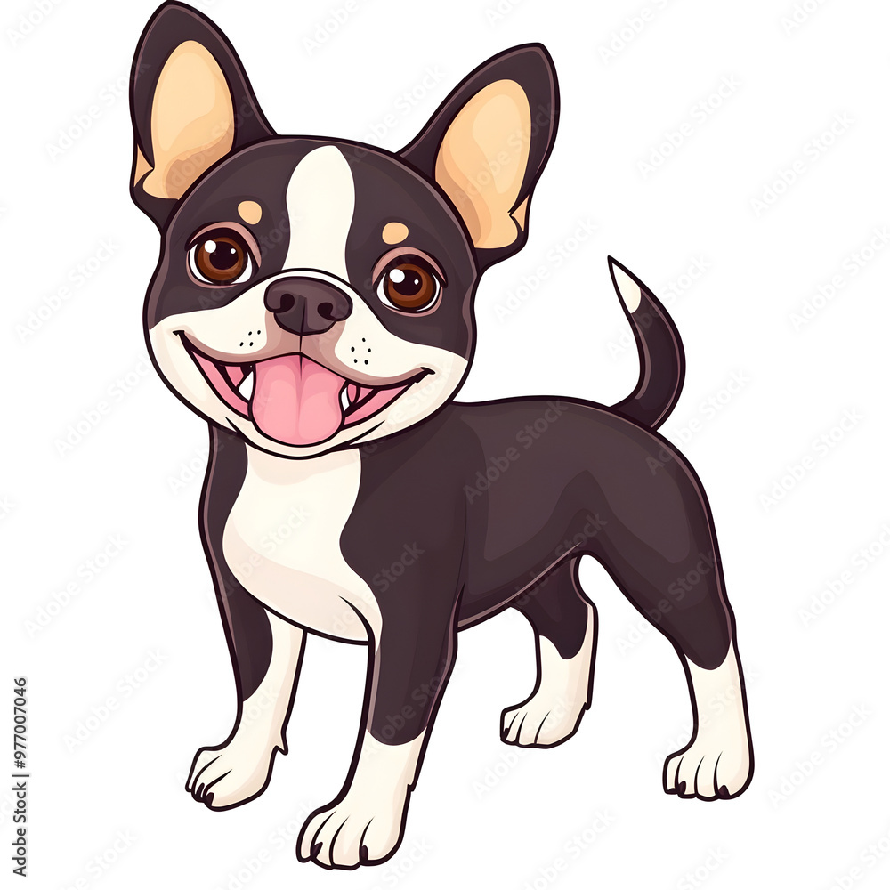 Adorable Cartoon Boston Terrier with Wagging Tail on White Background Adorable Cartoon Boston Terrier with Wagging Tail on White Background