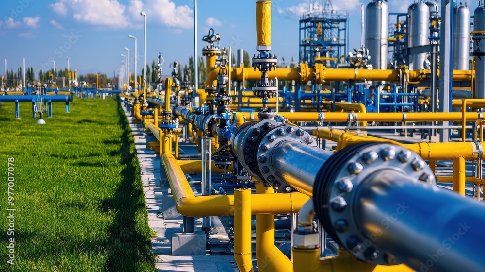 Industrial Pipeline System with Yellow Pipes and Valves Industrial Pipeline System with Yellow Pipes and Valves