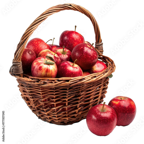 Wicker basket overflowing with ripe, shiny red apples sits on a white background