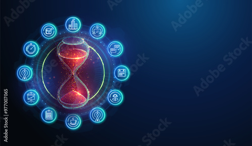 Hourglass abstract geometric illustration made of neon particles. Digital art of sand glass watches with lineart icons on topic of business time management
