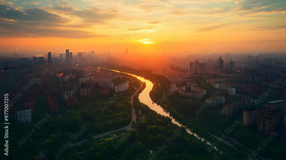 Obraz premium Aerial view of a city at sunset with a river winding through it.