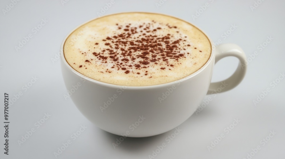 A hot vanilla cappuccino in a white cup with frothy foam and a sprinkle of cocoa powder on top. A hot vanilla cappuccino in a white cup with frothy foam and a sprinkle of cocoa powder on top.