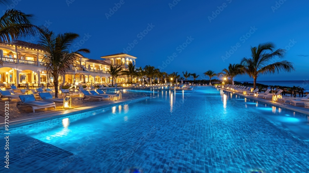Luxury Resort Pool at Night with Palm Trees and Ocean View Luxury Resort Pool at Night with Palm Trees and Ocean View