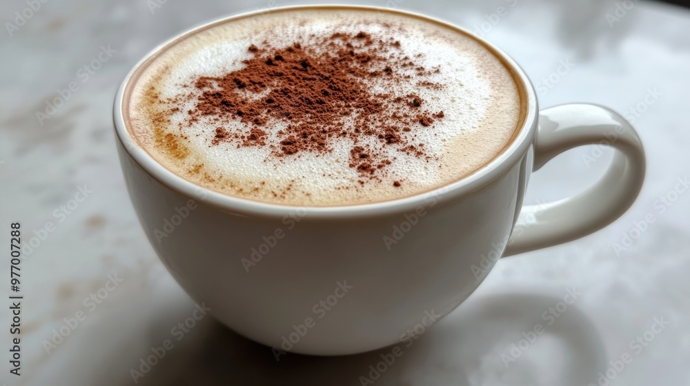 A hot vanilla cappuccino in a white cup with frothy foam and a sprinkle of cocoa powder on top. A hot vanilla cappuccino in a white cup with frothy foam and a sprinkle of cocoa powder on top.