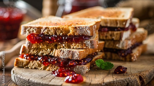 Delightful jam topped sandwiches on a wooden table