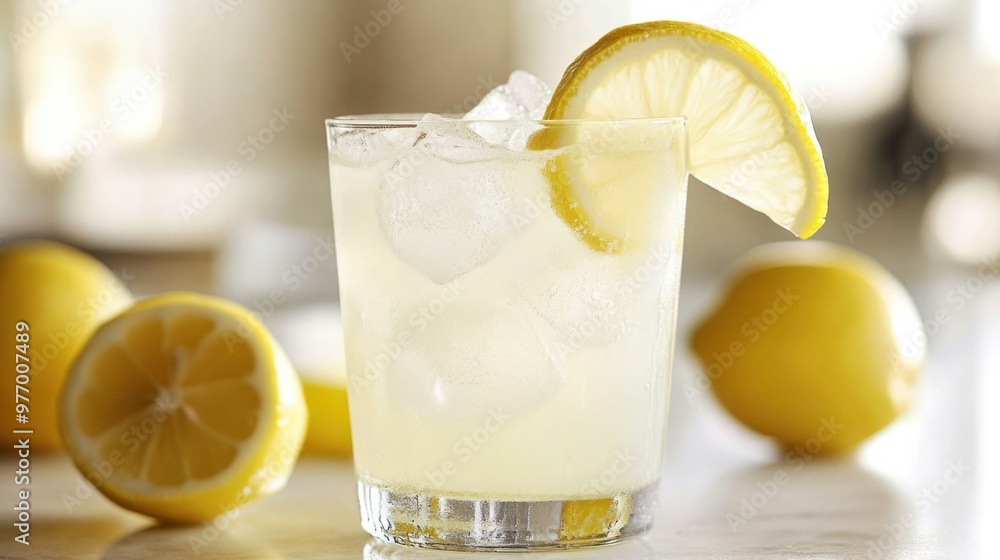 A refreshing vanilla lemonade served in a clear glass with ice cubes and a lemon slice on the rim. A refreshing vanilla lemonade served in a clear glass with ice cubes and a lemon slice on the rim.