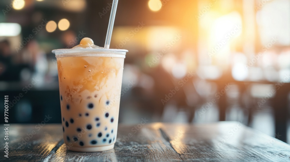 A vanilla bubble tea with tapioca pearls, served in a tall plastic cup with a wide straw. A vanilla bubble tea with tapioca pearls, served in a tall plastic cup with a wide straw.