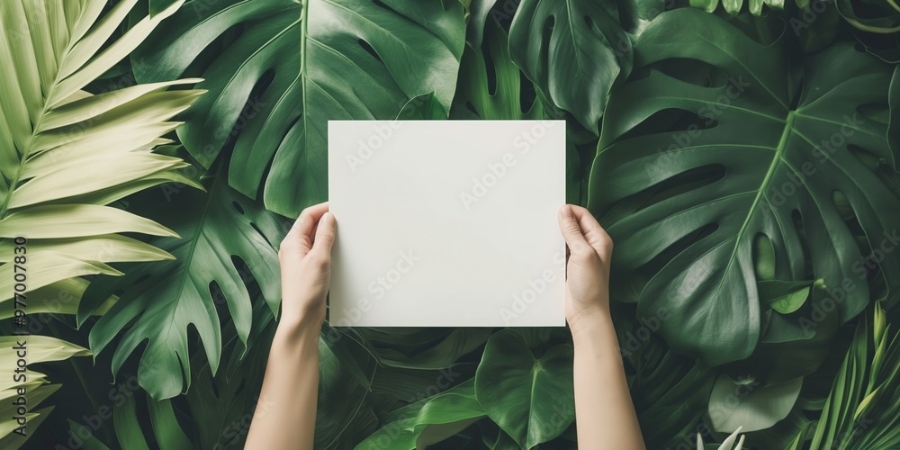 Hands Holding Blank Square Paper Against Green Leaf Background Hands Holding Blank Square Paper Against Green Leaf Background