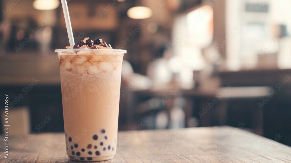 A vanilla bubble tea with tapioca pearls, served in a tall plastic cup with a wide straw. A vanilla bubble tea with tapioca pearls, served in a tall plastic cup with a wide straw.
