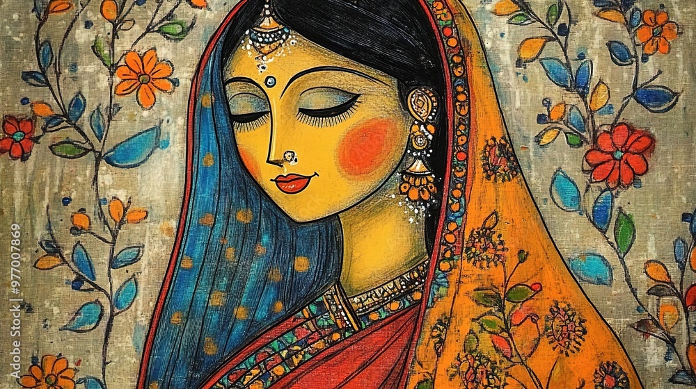 Colorful traditional Madhubani art from India of a woman in a sari on a ...