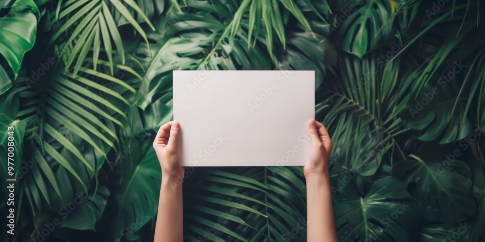 Hands Holding Blank Paper Surrounded By Green Leaves And Stems Hands Holding Blank Paper Surrounded By Green Leaves And Stems