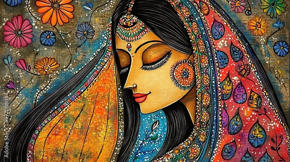 Colorful traditional Madhubani art from India of a woman in a sari on a textured background. Colorful traditional Madhubani art
Colorful traditional Madhubani art from India of a woman in a sari on a textured background. Colorful traditional Madhubani art