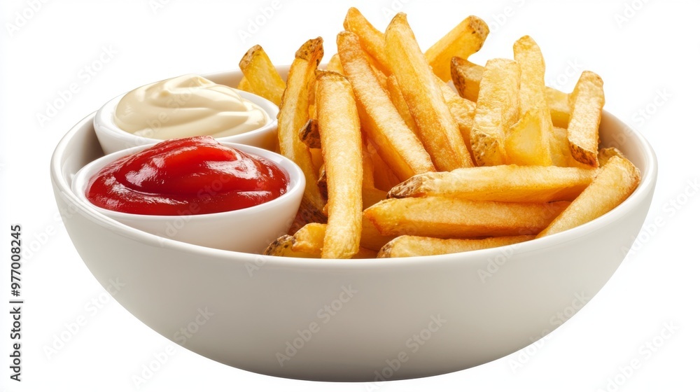 A bowl of freshly cooked French fries with a side of ketchup and mayonnaise, set against a pure white background for a classic and appetizing look. A bowl of freshly cooked French fries with a side of ketchup and mayonnaise, set against a pure white background for a classic and appetizing look.