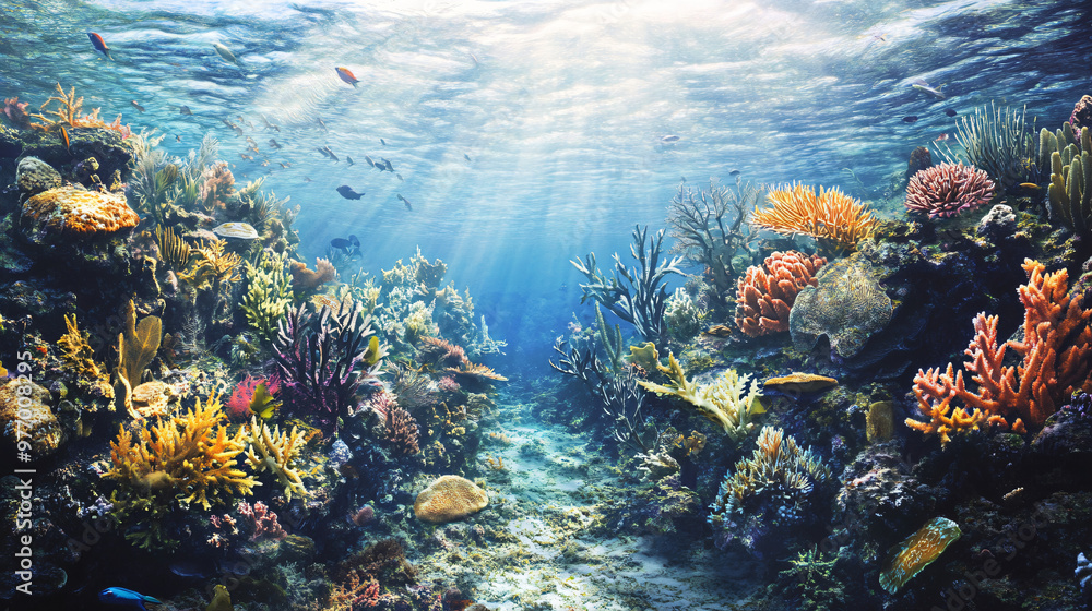 Fototapeta premium A depiction of coral reef ecosystems affected by rising sea temperatures with damaged marine life.