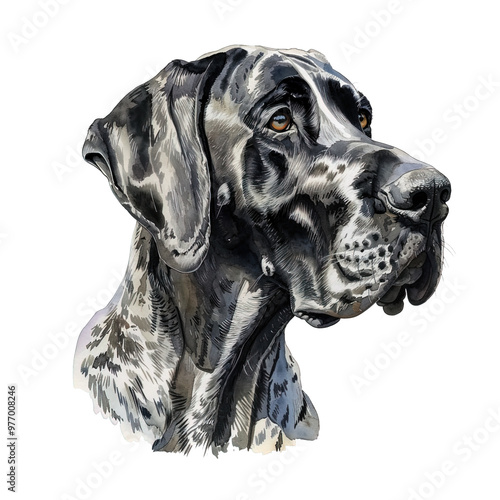 Watercolor painting illustration of a Great Dane dog head with a black and white coat, showing a gentle expression, emphasizing its majestic and calm demeanor, Pet Lover, Dog breed clipart. photo