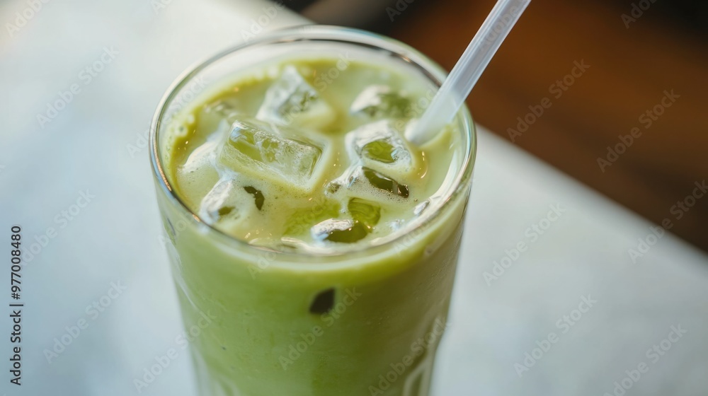 A vanilla-flavored iced matcha latte with a straw, served in a clear glass with ice cubes. A vanilla-flavored iced matcha latte with a straw, served in a clear glass with ice cubes.