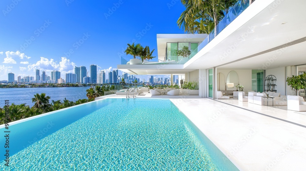 Naklejka premium Modern Luxury Home with Infinity Pool and City Skyline View