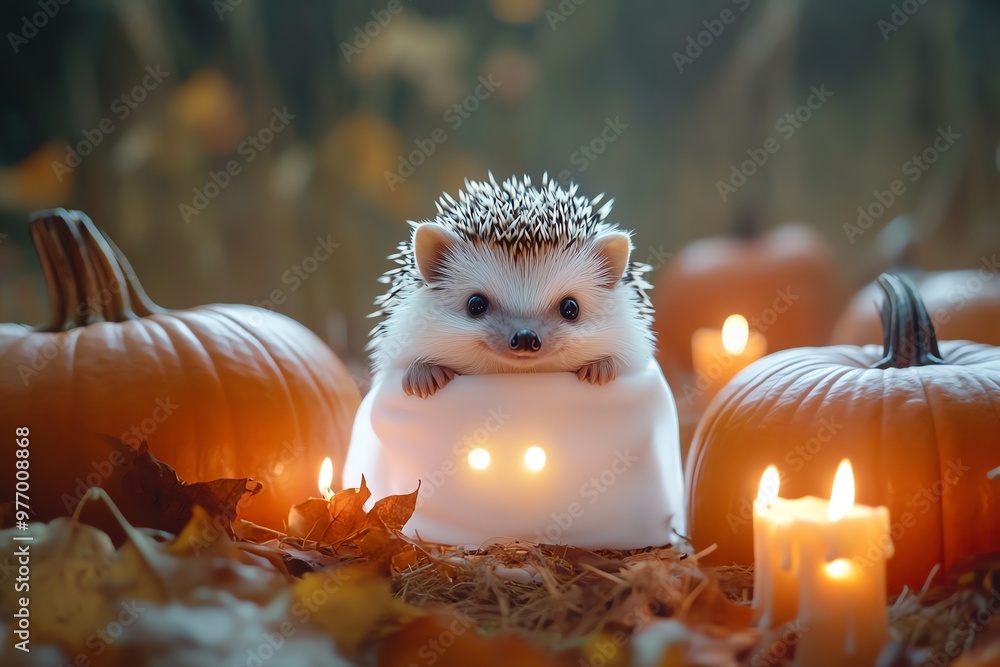 Hedgehog wearing a tiny ghost costume, sitting on a pumpkin patch with glowing candles around, hedgehog Halloween costume, charming and spooky theme Hedgehog wearing a tiny ghost costume, sitting on a pumpkin patch with glowing candles around, hedgehog Halloween costume, charming and spooky theme