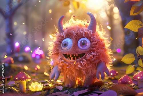 An adorable monster with wide eyes sits joyfully in a forest filled with glowing mushrooms. This enchanting visual is perfect for promoting children's products, fantasy-themed events.