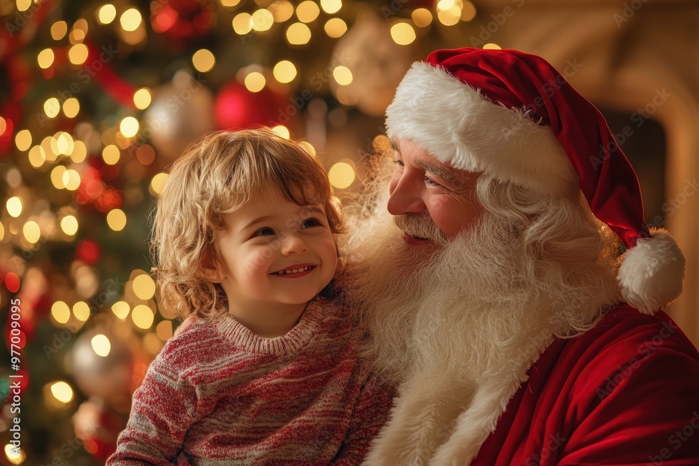 Santa Claus with Happy Child in Festive Christmas Setting – Heartwarming Holiday Scene with Christmas Lights, Perfect for Family Celebrations and Festive Marketing Santa Claus with Happy Child in Festive Christmas Setting – Heartwarming Holiday Scene with Christmas Lights, Perfect for Family Celebrations and Festive Marketing