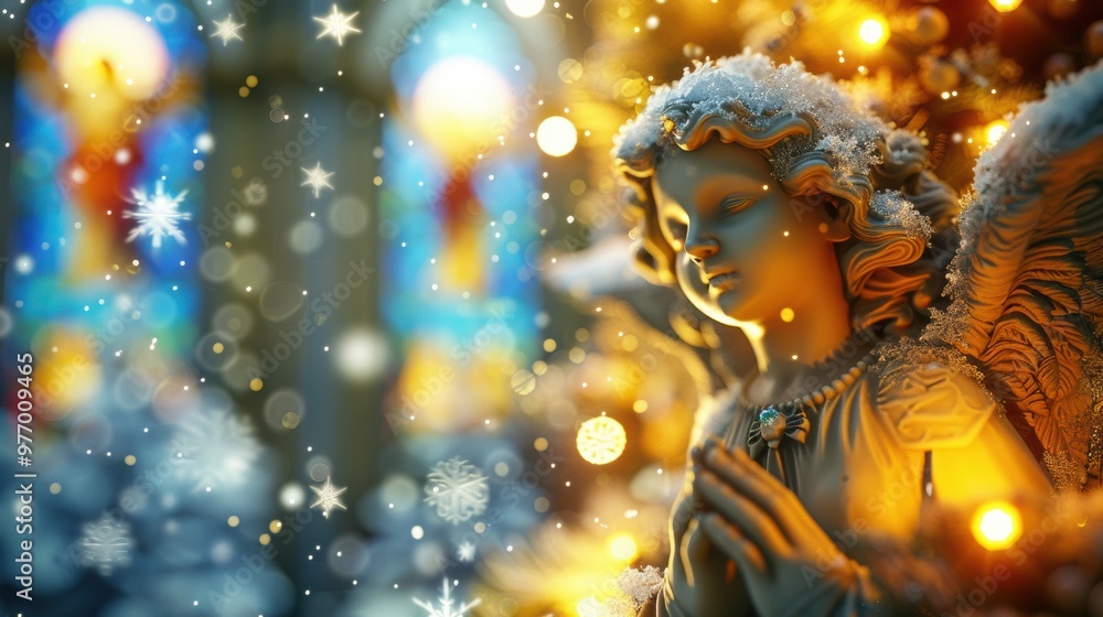 A festive angel statue with golden lights and a light dusting of snow stands beautifully, the warm glow and intricate details creating a sense of holiday wonder. A festive angel statue with golden lights and a light dusting of snow stands beautifully, the warm glow and intricate details creating a sense of holiday wonder.