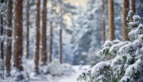 Snowy pine forest winter background with depth of field for a natural and festive holiday scene