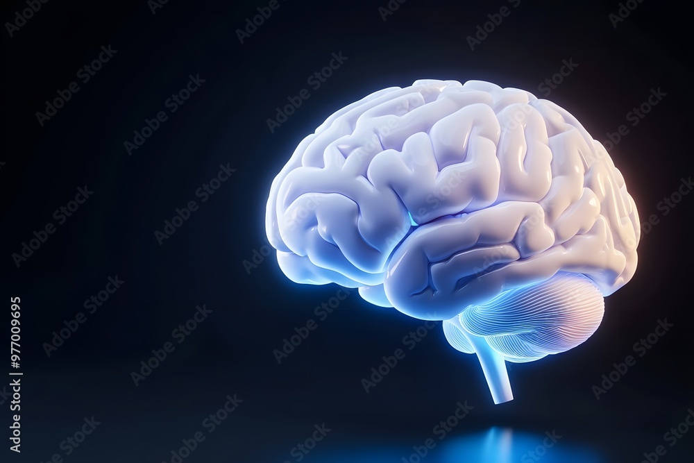 3D glowing blue brain on a black background, a minimalistic design with light effects 3D glowing blue brain on a black background, a minimalistic design with light effects