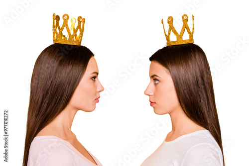 Close-up profile side view portrait of nice-looking cute charming lovely attractive calm confident straight-haired girls isolated over bright vivid shine yellow background