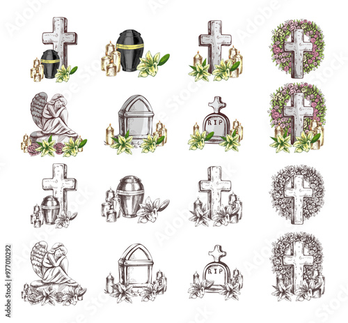 Hand drawn set for  Funeral service.  Vector illustration. Attributes and symbols of condolence, loss, dead, bereavement and cemetry. Sketch of vintage stone angel, tombstone, urn, cross