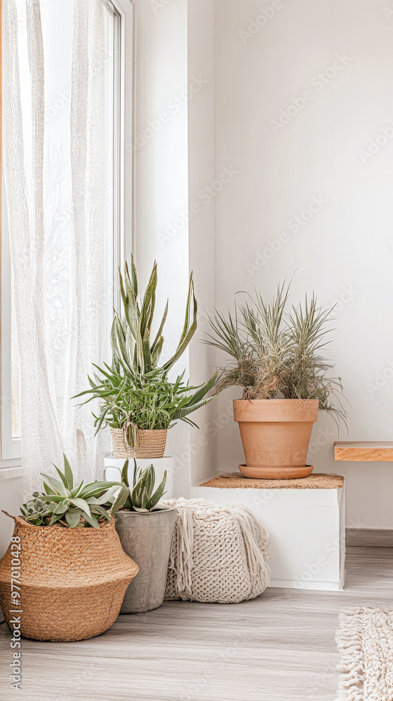 Fototapeta premium A cozy indoor space featuring various potted plants arranged thoughtfully by a large window in a bright and minimalist room