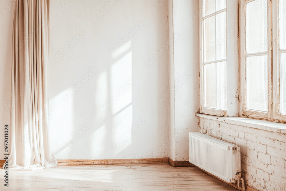 Bright and airy empty room with large windows and wooden flooring in a rustic setting bathed in natural light Bright and airy empty room with large windows and wooden flooring in a rustic setting bathed in natural light
