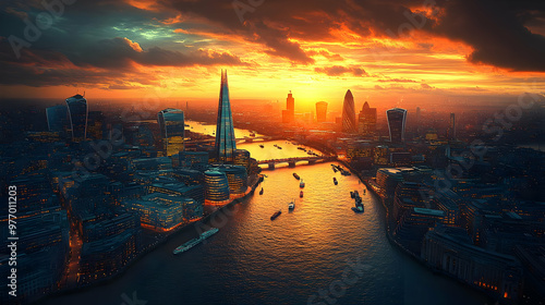 Aerial view of London skyline with the Shard and the River Thames at sunset.