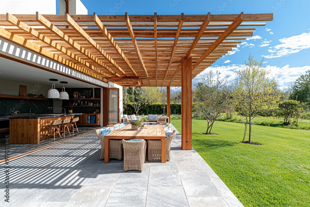Stunning wooden table and chairs for a terrace lounge pergola Stunning wooden table and chairs for a terrace lounge pergola