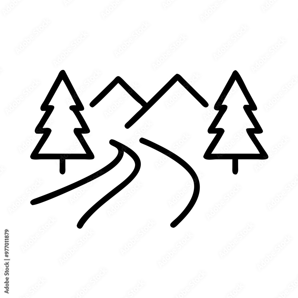 Curved road with mountains and trees, black and white, nature adventure icon Curved road with mountains and trees, black and white, nature adventure icon