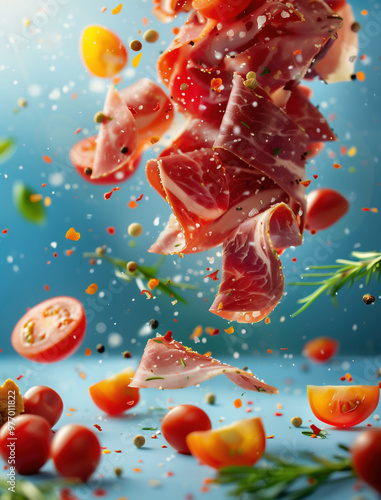 Gourmet Jamon Iberico Slices in Dynamic Culinary Photography