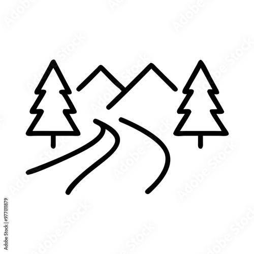 Curved road with mountains and trees, black and white, nature adventure icon photo