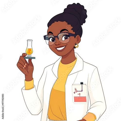 Smiling Black Female Scientist Holding a Beaker.