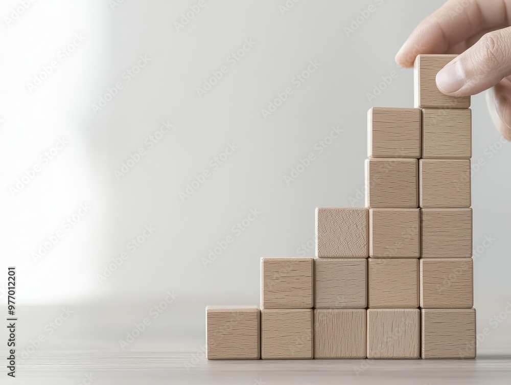 A hand places wooden blocks in a stair-step formation, symbolizing growth, progress, and development on a light background. A hand places wooden blocks in a stair-step formation, symbolizing growth, progress, and development on a light background.